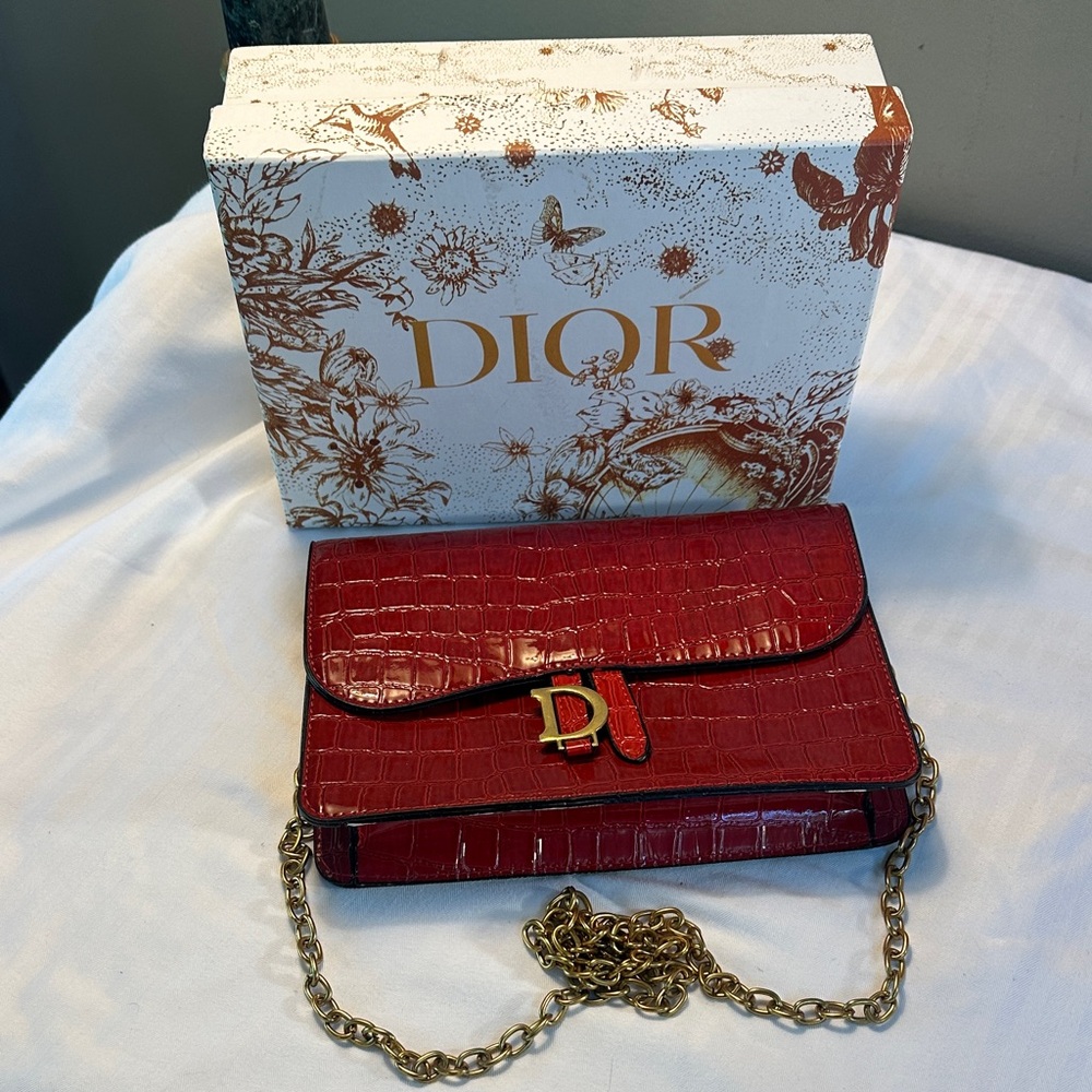 Embossed Red Leather Crossbody with Gold Chain